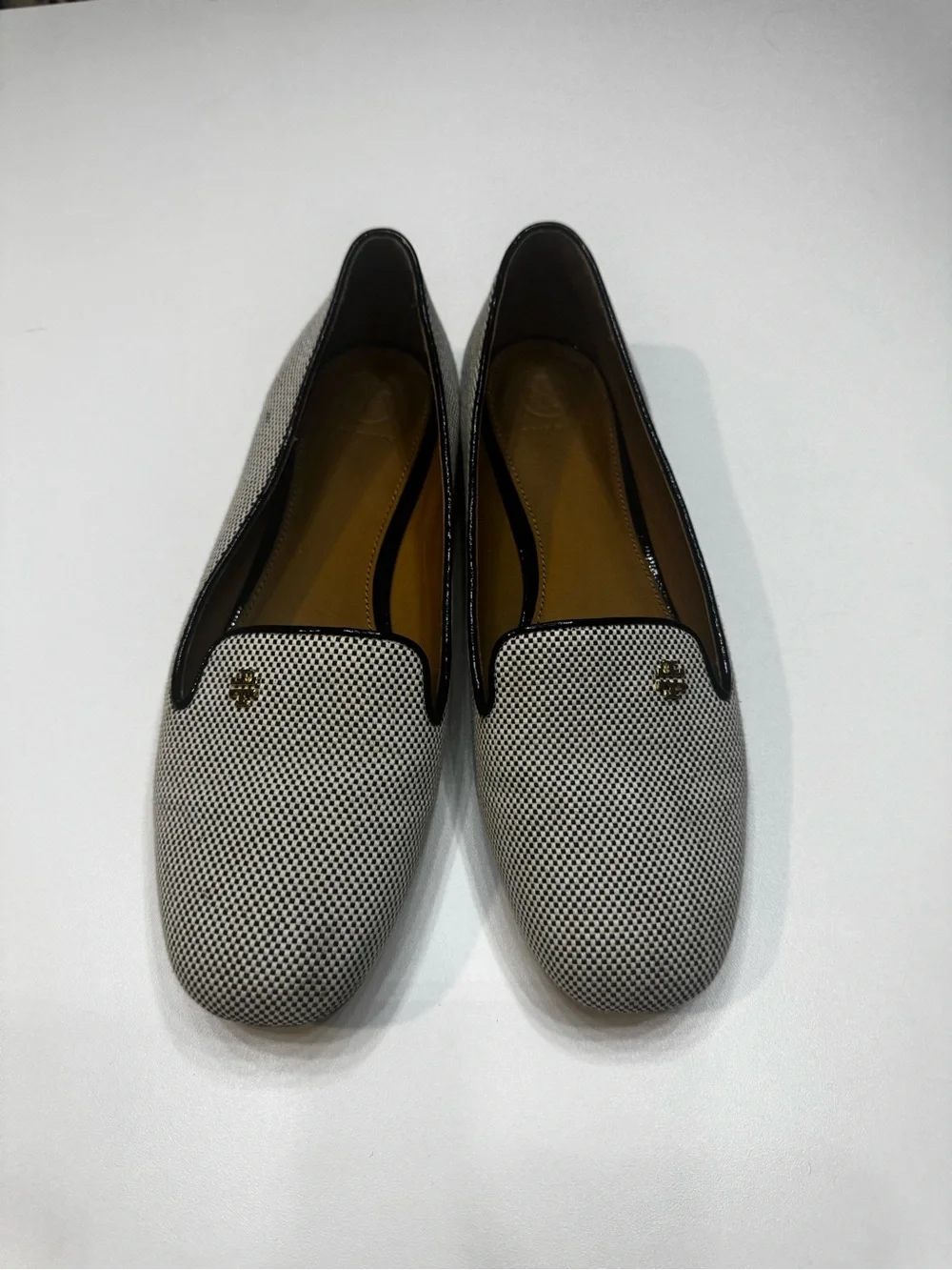 Tory Burch Black & White Micro-Check Leather-Trim Loafers